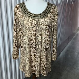 Chico's Beige and Brown Snake Print Tunic with Beaded Neckline